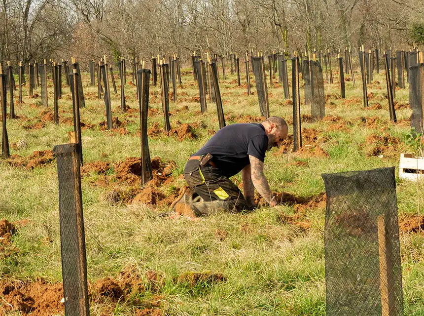 Plantation d’arbres par l’association Coeur de forêt, soutenue par la Fondation Une Goutte d’eau pour la planète.